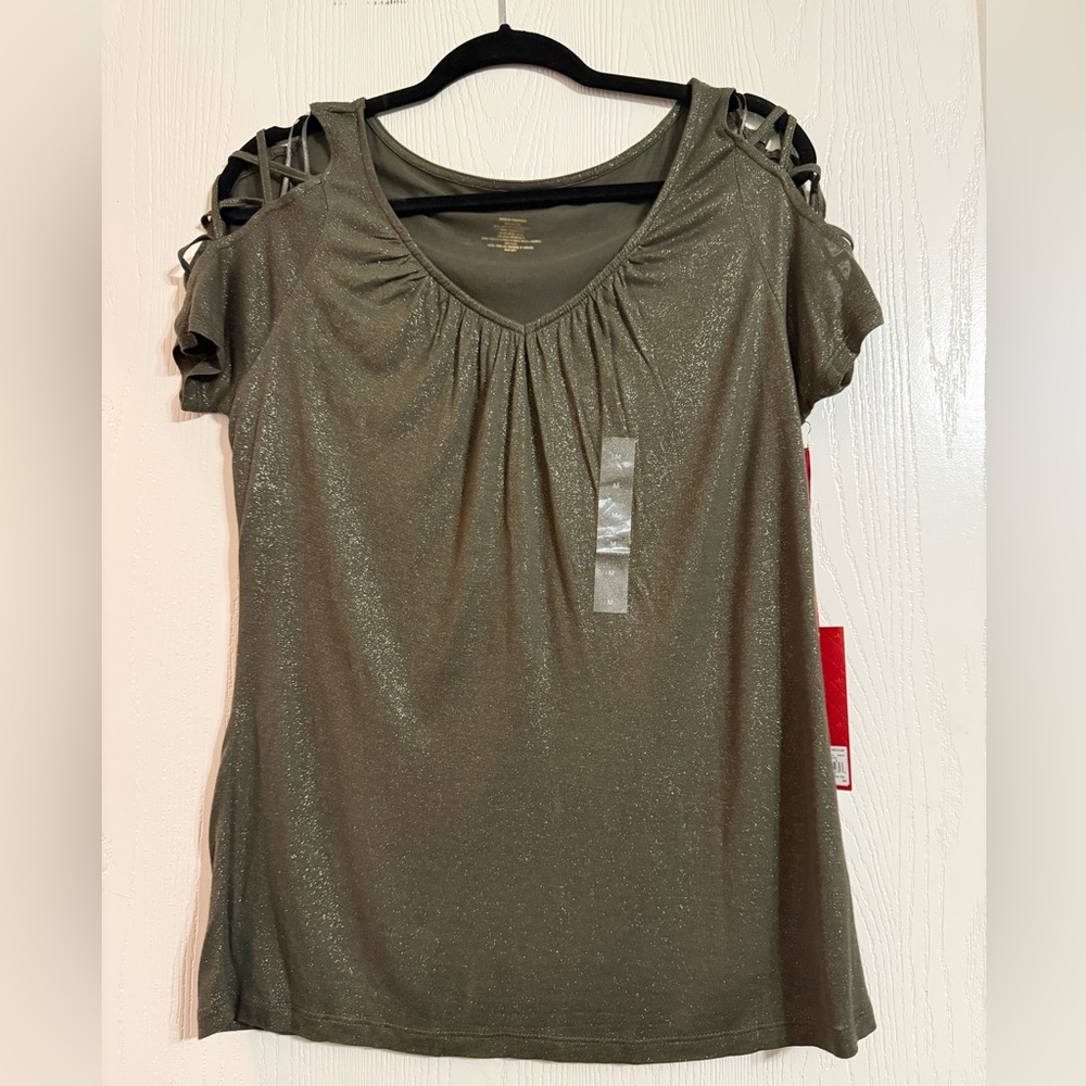 Jennifer Lopez Olive Green Shimmer Cold-Shoulder Top